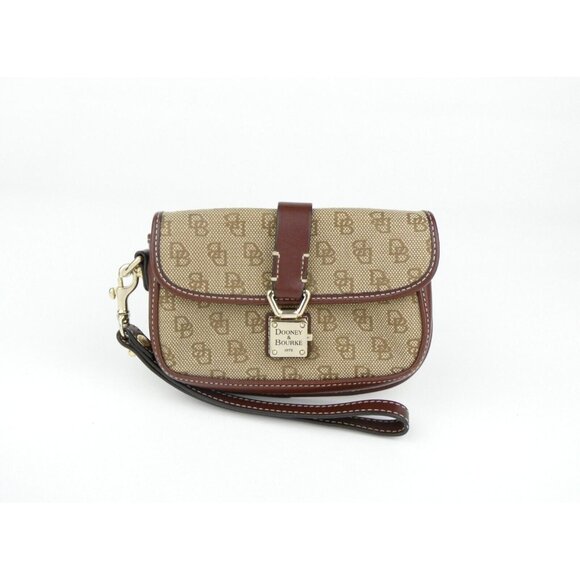 Dooney & Bourke Signature DB Khaki Brown Flap Wristlet - Picture 1 of 16